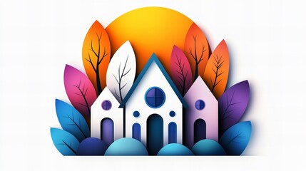 Obraz premium Illustration shows three white houses with blue accents surrounded by colorful leaves and trees against a bright yellow sun, creating a vibrant and ch