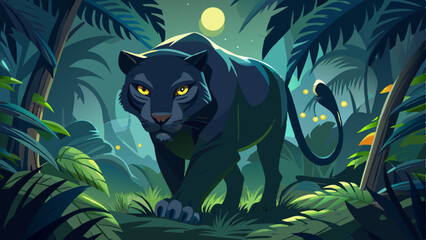 vector of majestic black panther prowling through the dense jungle, its sleek fur blending with the shadows as its piercing yellow eyes glow in the moonlight © koushkij