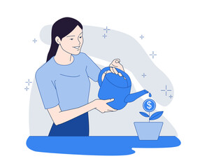 Woman waters small plant growing from pot, with dollar symbol representing financial growth. Modern, minimalistic style on white. Concept of investment and financial success. Vector illustration