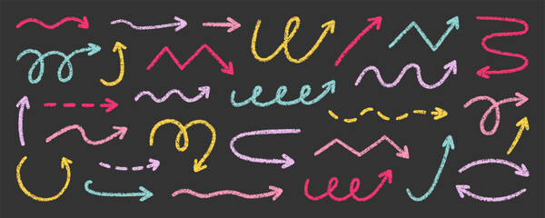 Chalk pencil arrows doodle set. Crayon swirls, direction pointers in sketch style, Grunge texture. Hand drawn vector illustration isolated on black background