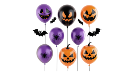 Halloween Balloons Jack o lanterns Spiders Bats Purple Orange Black, Isolated on Transparent Background