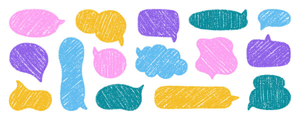 Chalk pencil speech bubbles doodle set. Crayon communication frame, comic talk balloon in sketch style, Grunge texture. Hand drawn vector illustration isolated on white background