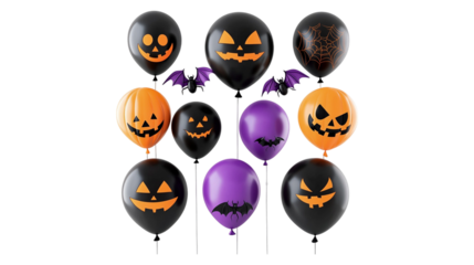 Halloween Jack o Lantern Balloons Bats and Spiders Spooky Party Decorations, Isolated on Transparent Background