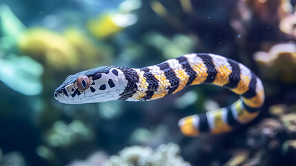 Obraz premium Colorful striped snake swimming gracefully through vibrant coral reef with marine life in background