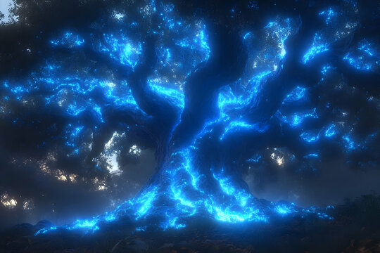 Glowing Blue Tree At Night