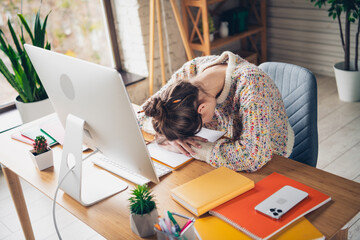 Young woman resting her head on desk while working at home during daylight hours, surrounded by a comfortable and stylish living space.