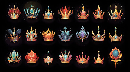 Elegant Set of Royal Crowns Cartoon Vector Illustration for Premium Design Projects