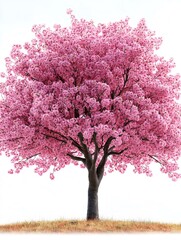 Obraz premium Blooming cherry tree stands on a grassy knoll with pink blossoms
