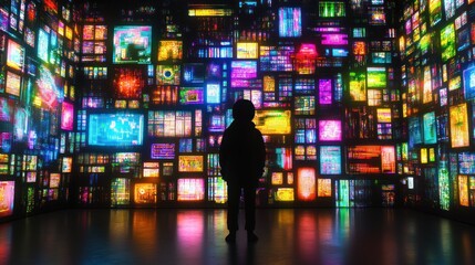 Silhouette Amidst a Kaleidoscope of Digital Data Streams