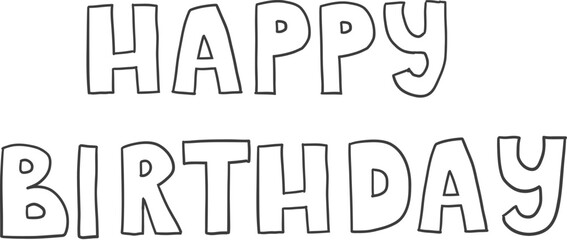 Happy birthday text party doodle. Sketch of Birthday decoration, gift box, cake, party hats in sketch style. Hand drawn vector illustration isolated on white background