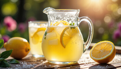 Fototapeta premium Refreshing lemonade with mint and lemon slices in sunlight