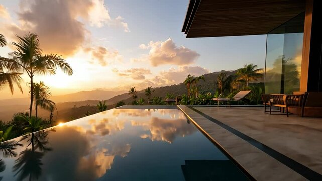 Luxurious infinity pool mirroring vibrant sunset hues above lush rainforest serenity embodying tropical canopy, and relaxation video 4k
