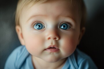 Close-up of an adorable baby with captivating blue eyes, expressing a sense of wonder and curiosity