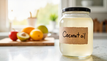 Coconut oil in jar on kitchen countertop with fruits in background