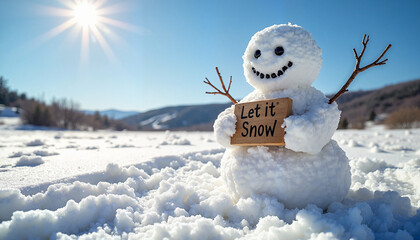Snowman holding "Let it Snow" sign in a snowy landscape