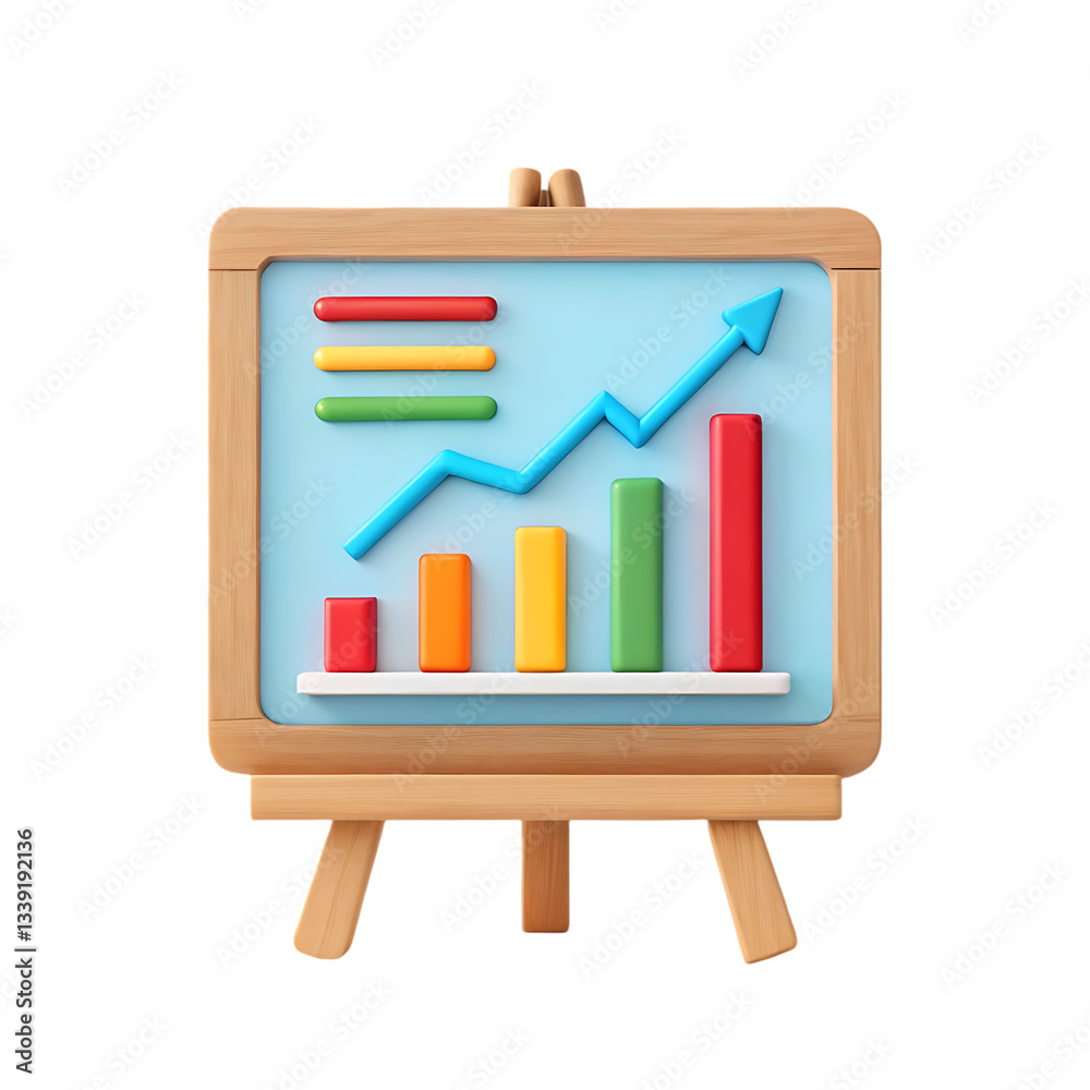 Poster 3d render of a colorful bar graph on an easel.