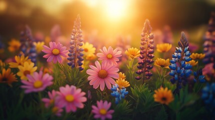 Obraz premium Vibrant wildflower meadow at sunset, illuminated by soft light. Concept: tranquil wildflower meadow exuding serenity and beauty, capturing nature’s essence beautifully.