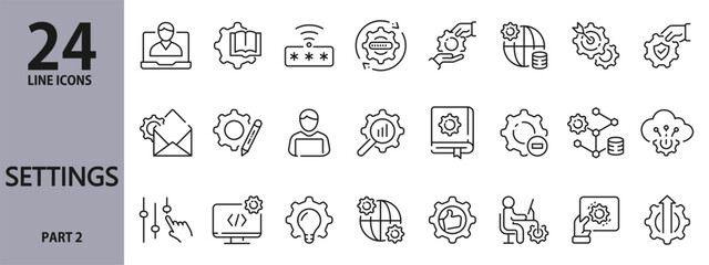Settings line icons set with Configuration, Preferences, System, User, Control, Options, Network, Security, Admin, System and more. Editable Stroke