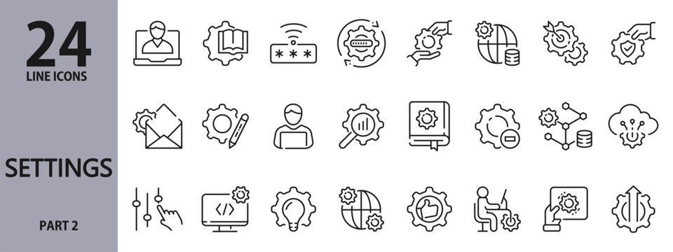 Settings line icons set with Configuration, Preferences, System, User, Control, Options, Network, Security, Admin, System and more. Editable Stroke