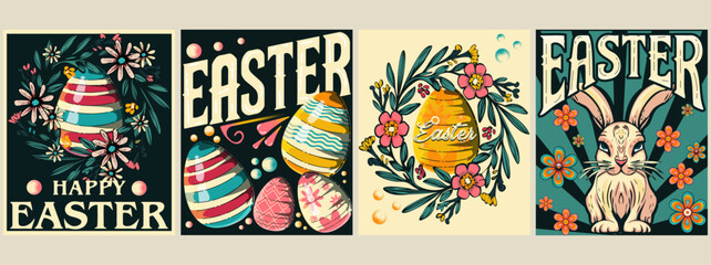 Cartoon easter posters. Easter elements, rabbits, eggs, flowers, decorations. Shapes of the happy easter day, trendy retro doodle groovy cards 90s