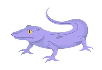 A stylized purple lizard with yellow eyes and a curled tail on a white background. The cartoon-style illustration features smooth shading and minimal details. Vector illustration