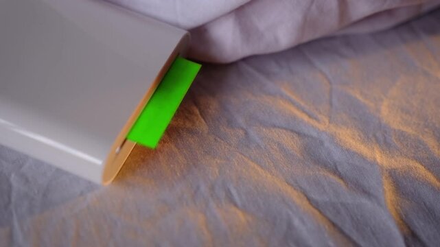 A compact pocket-sized white printer on bed prints polaroid style photo with green screen in minimalist design modern technology creative process cozy atmosphere vibrant details portable convenience