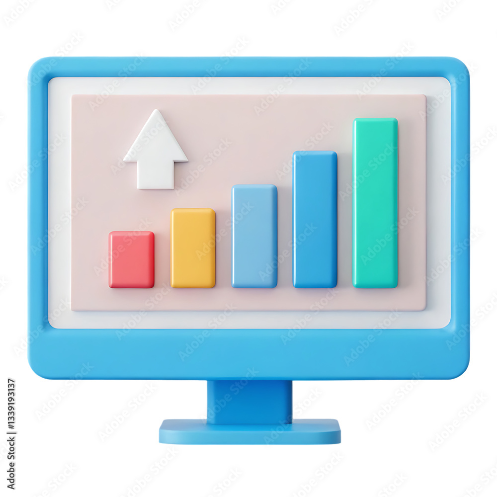 Poster 3d render of a computer monitor displaying an upward trending bar graph.
