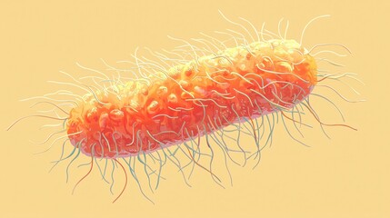 Vibrant Digital Illustration of Bacterium with Hairlike Projections on Beige Background