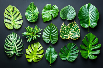 Obraz premium A striking composition of tropical leaves against a black background, offering a dramatic and modern aesthetic with rich, vibrant greens and clean, minimal design