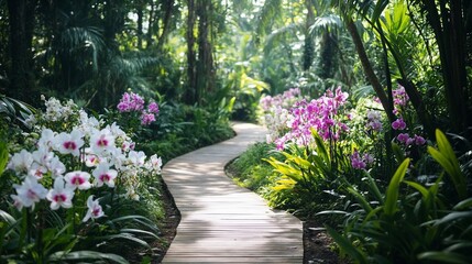 Obraz premium Garden Path with Orchids in Sunlight