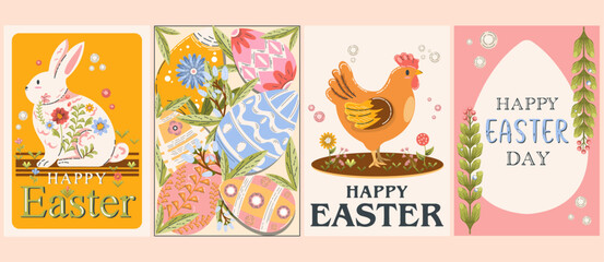 Set Happy Easter Day. Cartoon Minimalist posters. Celebration congratulations cards with eggs, chicken and rabbit