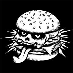 artwork illustration and t-shirt design burger skull premium vector
