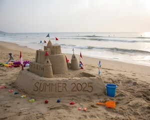 An elaborate sandcastle with "Summer 2025" inscription adorns a serene beach scene.