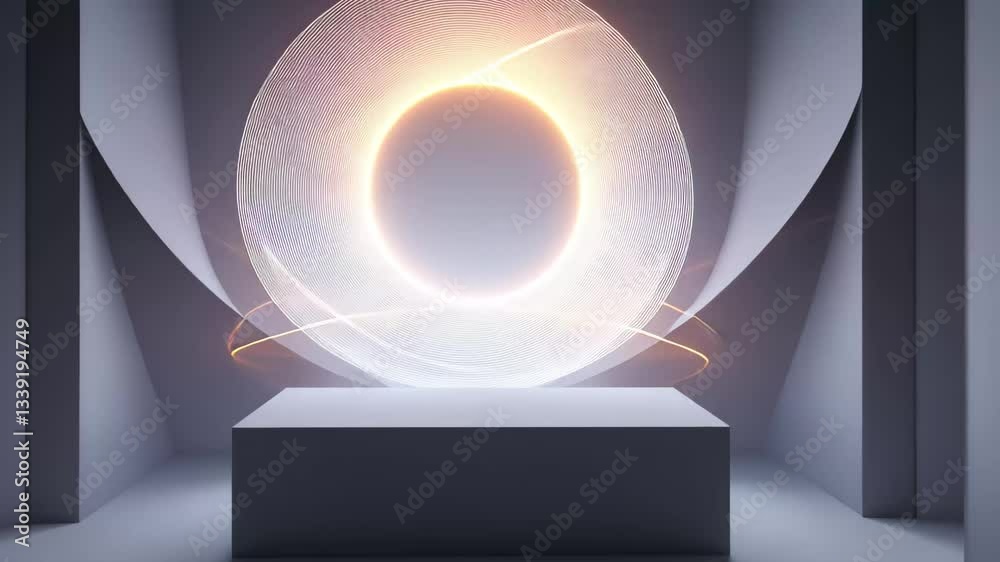 Poster Neon circle over shifting white shapes creating a modern artistic display in a minimalistic space, neon circle over white shapes moving