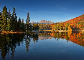 A serene landscape of a mountain lake surrounded by pine forests, with clear blue skies, soft reflections, and autumn colors.