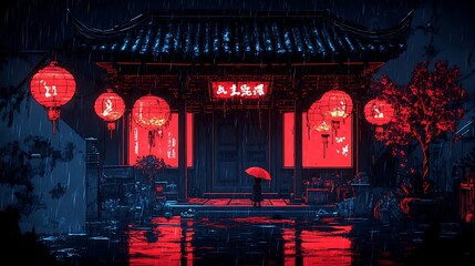 Obraz premium Person in the rain at red temple