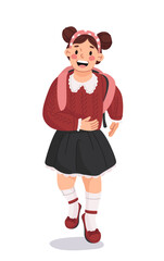 Cheerful young schoolgirl wearing a red sweater, black skirt, and a pink backpack, walking with a joyful expression on a white background. Concept of childhood and education. Vector illustration