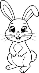 Fototapeta premium Cartoon rabbit, black and white line drawing, cute smiling bunny, large expressive eyes, long upright ears, simple clean design, children's book illustration style, vector graphic, adorable character,