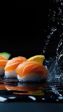 a completely black background, sushi in the foreground, water splashes under the sush