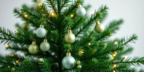 Miniature evergreen Christmas tree adorned with green pastel ornaments and white fairy lights, pure winter leaves, decoration, xmas