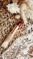 Red Lipstick on Lace and Dried Flowers