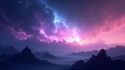 A cosmic landscape featuring a glowing nebula stretching across the sky