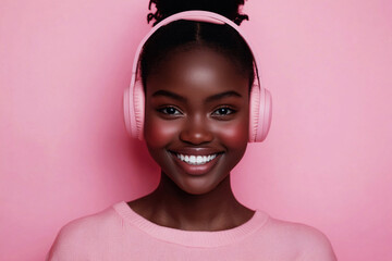 A smiling African American woman wearing headphones, set against a soft pink background, captured in minimalistic style, symbolizing music enjoyment or learning