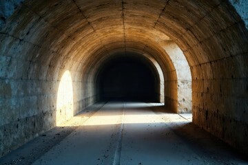Fototapeta premium Rough-hewn concrete tunnel, shadows play across textured walls, line, texture, modern