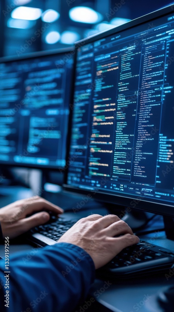 Poster hands typing code on computer in dark tech office environment