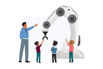 Fototapeta premium Educator demonstrating advanced machinery with robotic arm to attentive kids, back view