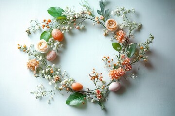 Floral easter wreath with eggs and blossoms on light background