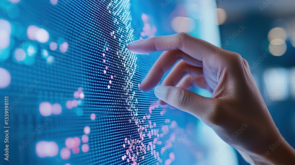 Poster hand interacting with digital data visualization on touchscreen display