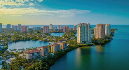 Aerial Drone Perspective of Real Estate in Bonita Springs, Florida with Preserve and Gulf of Mexico in Background