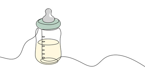 Simple continuous line drawing of a baby bottle with a nipple in color, symbolizing infant care, feeding, and parenting in a minimalist style. Baby bottle one line. Vector illustration